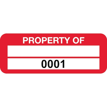 Lustre-Cal PROPERTY OF Label, Polyester Dark Red 2in x 0.75in 1 Blank Pad & Serialized 0001-0100, 100PK 253744Pe2Rd0001